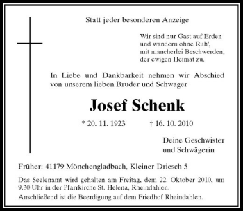 Traueranzeige von Josef Schenk von Rheinische Post