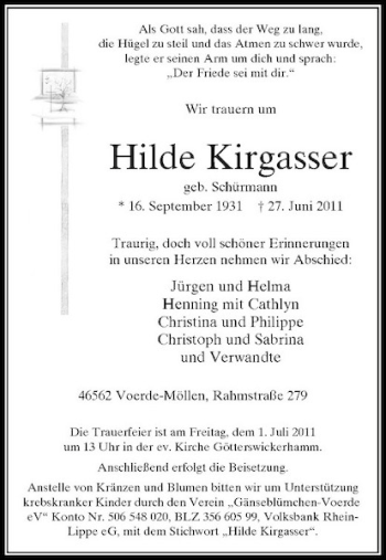 Traueranzeige von Hilde Kirgasser von Rheinische Post