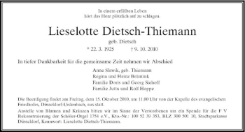 Traueranzeige von Lieselotte Dietsch-Thiemann von Rheinische Post