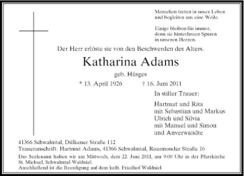 Traueranzeige von Katharina Adams von Rheinische Post