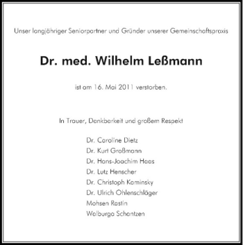 Traueranzeige von Dr. med. Wilhelm Leßmann von Rheinische Post