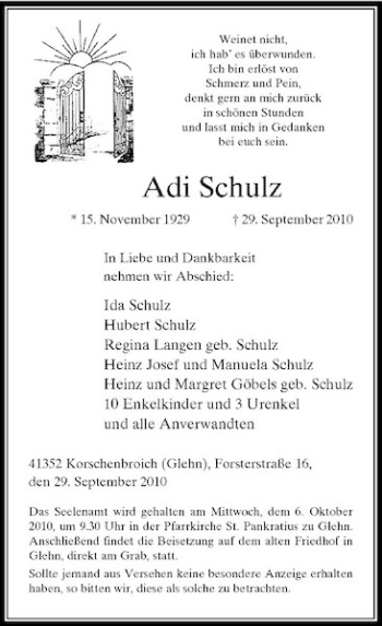 Traueranzeige von Adi Schulz von Rheinische Post