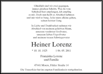 Traueranzeige von Heiner Lorenz von Rheinische Post