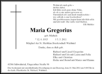 Traueranzeige von Maria Gregorius von Rheinische Post