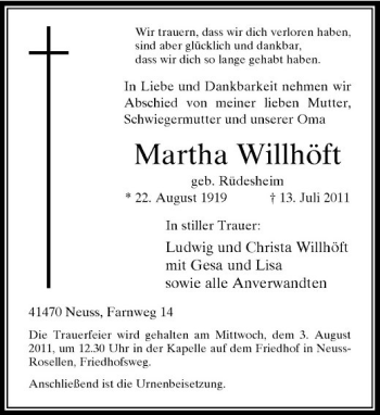 Traueranzeige von Martha Willhöft von Rheinische Post