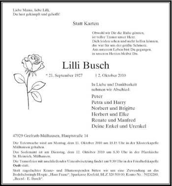 Traueranzeige von Lilli Busch von Rheinische Post