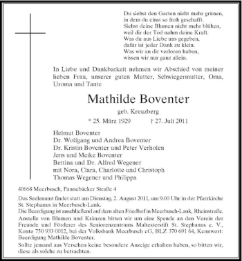 Traueranzeige von Mathilde Boventer von Rheinische Post