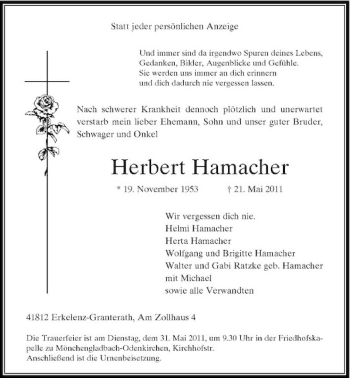 Traueranzeige von Herbert Hamacher von Rheinische Post