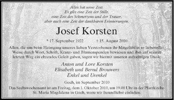 Traueranzeige von Josef Korsten von Rheinische Post