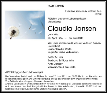 Traueranzeige von Claudia Jansen von Rheinische Post