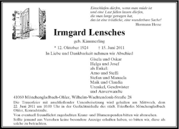 Traueranzeige von Irmgard Lensches von Rheinische Post