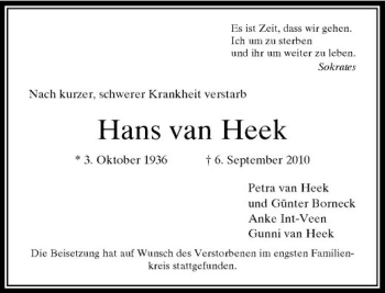 Traueranzeige von Hans van Heek von Rheinische Post
