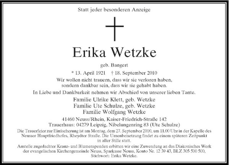  Traueranzeige für Erika Wetzke vom 23.09.2010 aus Rheinische Post