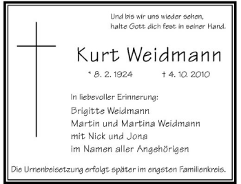 Traueranzeige von Kurt Weidmann von Rheinische Post