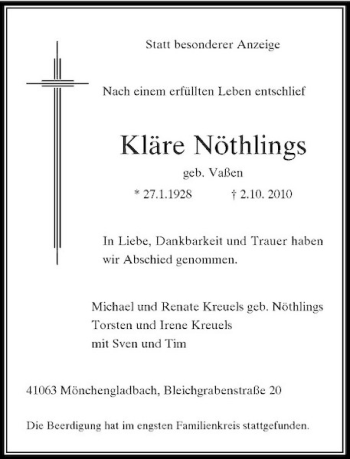 Traueranzeige von Kläre Nöthlings von Rheinische Post