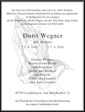 Traueranzeige von Dorit Wegner von Rheinische Post