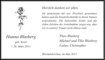 Traueranzeige von Hanna Blasberg von Rheinische Post