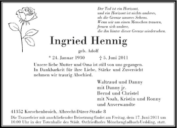 Traueranzeige von Ingried Hennig von Rheinische Post