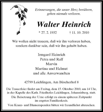 Traueranzeige von Walter Heinrich von Rheinische Post