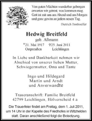 Traueranzeige von Hedwig Breitfeld von Rheinische Post
