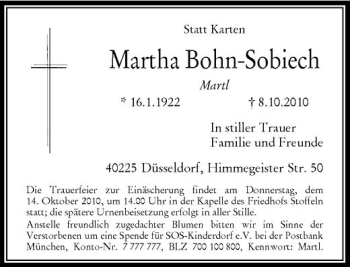 Traueranzeige von Martha Bohn-Sobiech von Rheinische Post