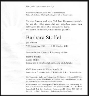 Traueranzeige von Barbara Stoffel von Rheinische Post