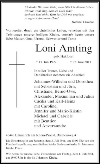 Traueranzeige von Loni Amting von Rheinische Post