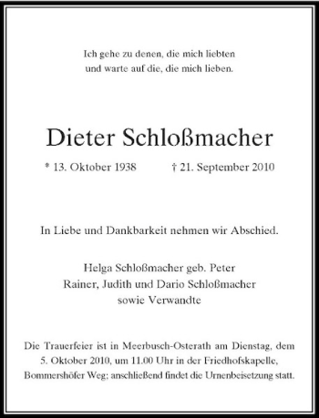 Traueranzeige von Dieter Schloßmacher von Rheinische Post