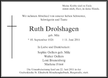 Traueranzeige von Ruth Drohlshagen von Rheinische Post