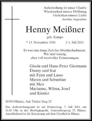 Traueranzeige von Henny Meißner von Rheinische Post