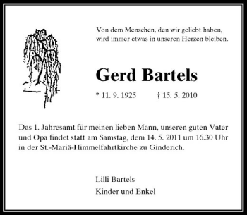 Traueranzeige von Gerd Bartels von Rheinische Post