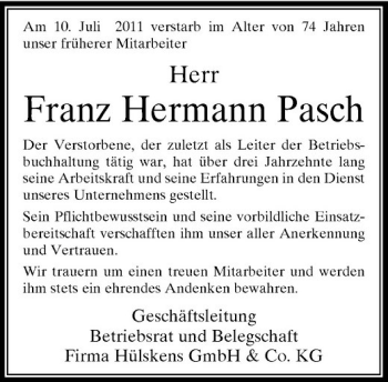 Traueranzeige von Franz Hermann Pasch von Rheinische Post