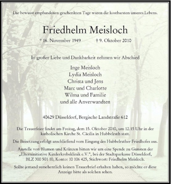 Traueranzeige von Friedhelm Meisloch von Rheinische Post