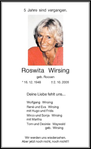 Traueranzeige von Roswita Wirsing von Rheinische Post