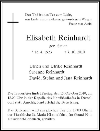 Traueranzeige von Elisabeth Reinhardt von Rheinische Post