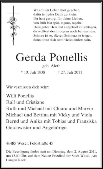 Traueranzeige von Gerda Ponellis von Rheinische Post