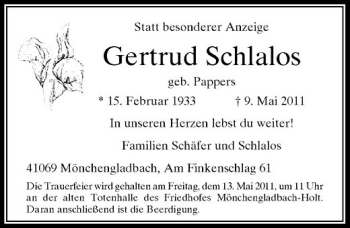 Traueranzeige von Gertrud Schlalos von Rheinische Post