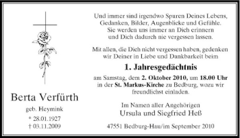 Traueranzeige von Berta Verfürth von Rheinische Post