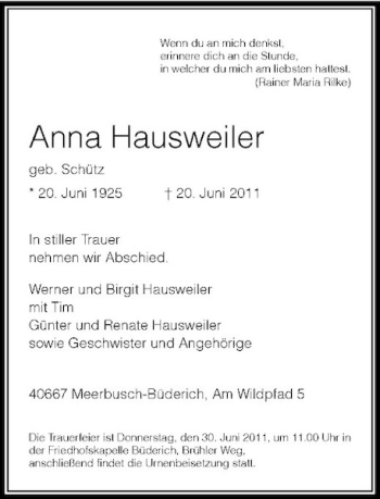 Traueranzeige von Anna Hausweiler von Rheinische Post