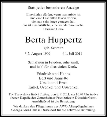 Traueranzeige von Berta Huppertz von Rheinische Post