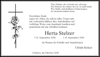 Traueranzeige von Herta Stelzer von Rheinische Post