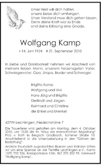 Traueranzeige von Wolfgang Kamp von Rheinische Post