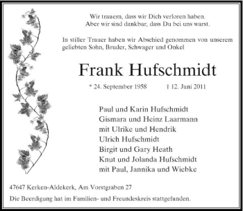 Traueranzeige von Frank Hufschmidt von Rheinische Post