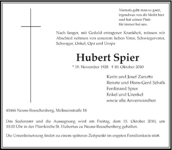 Traueranzeige von Hubert Spier von Rheinische Post