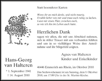 Traueranzeige von Hans-Georg van Halteren von Rheinische Post
