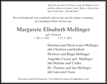 Traueranzeige von Margarete Elisabeth Mellinger von Rheinische Post