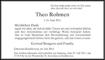 Traueranzeige von Theo Rohmen von Rheinische Post