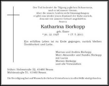Traueranzeige von Katharina Borkopp von Rheinische Post