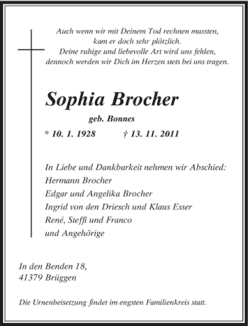 Traueranzeige von Sophia Brocher von Rheinische Post