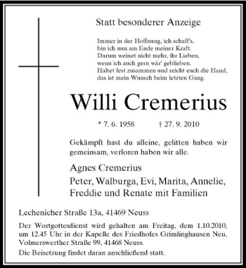 Traueranzeige von Willi Cremerius von Rheinische Post